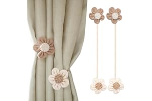 Curtain Tie Backs – 2 Pcs Rope Tiebacks with Sunflower Boho Design, Thick Cotton Linen & Easy to Install – Decorative White T