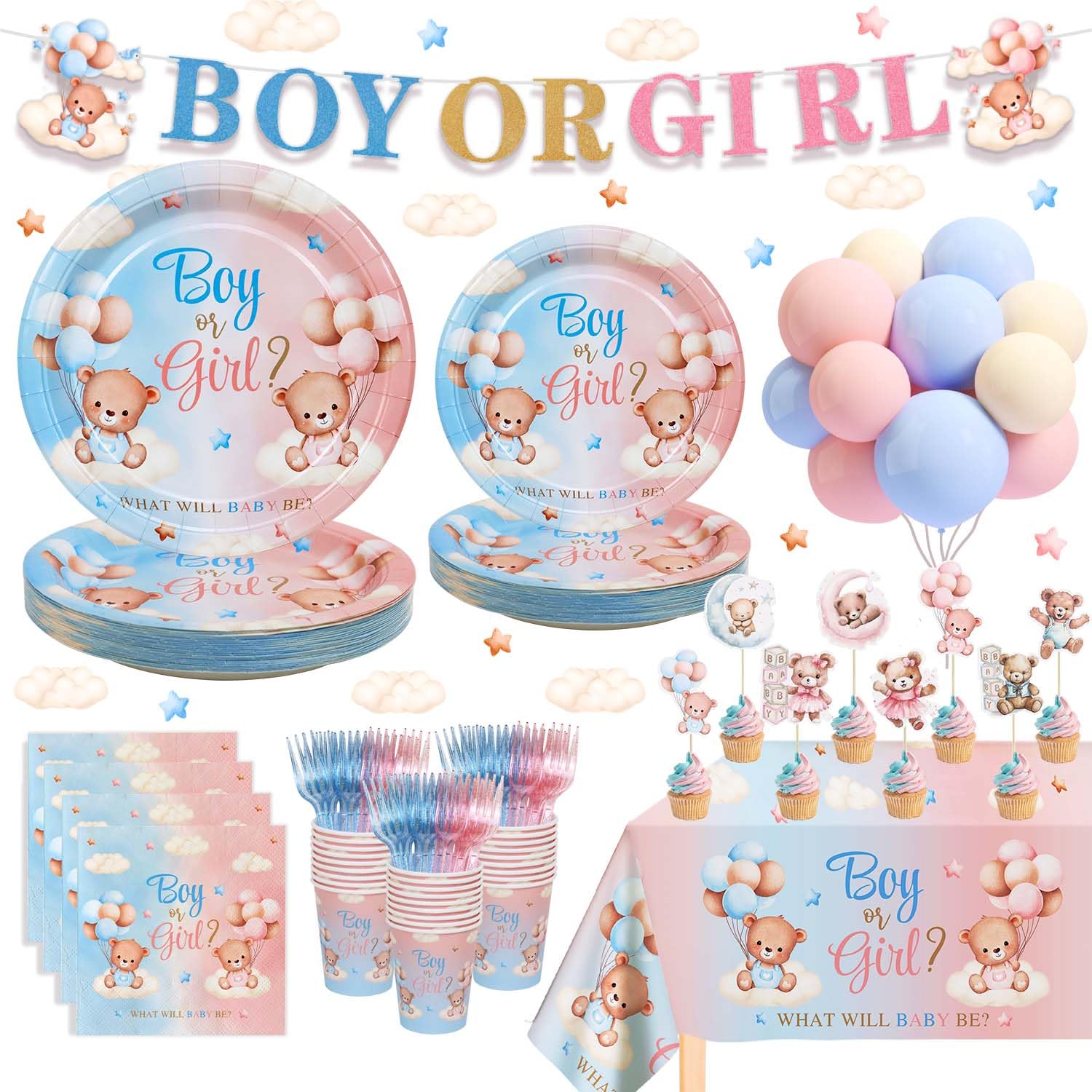 Photo 1 of Lopeastar 154Pcs Bear Gender Reveal Decorations Plates Set, 24 Guests Boy Or Girl Revelacion De Sexo De Bebe Pink Blue Teddy Bear Plates Napkins Cups Forks Tablecloth Banner Cupcake Toppers Balloons