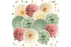 FETETIJD Dusty Pink and Sage Green Party Decorations Dusty Rose Sage Green Tissue Pom Poms Paper Lanterns Confetti Dots Scatter Table Decoration for Women Girls Birthday Party Wedding Baby Shower Engagement