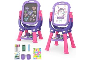 Victostar Easel for Kids, Rotatable Double Sided Art Easel with Magnetic White Board & Chalkboard, Adjustable Standing Toddler Easel with Drawing & Writing Accessories,Gifts for Girls and Boys