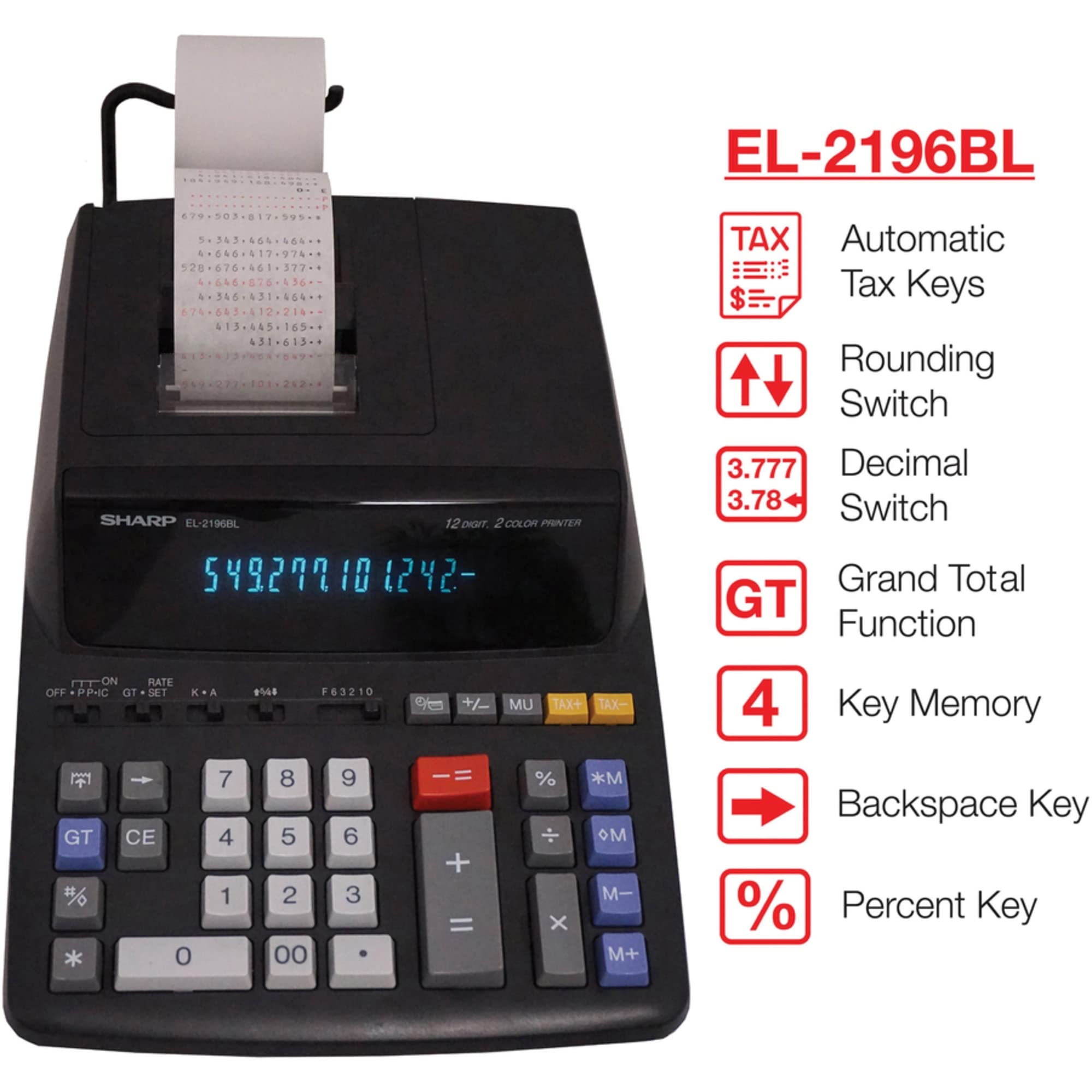 Sharp 12-Digit Print Calculator Desktop Size Adding Machine, Perfect for Everyday Use and Office, Bright, Large Easy-to-Read Numbers on Both The Display and The Two-ColorPrinted Tape (EL2196BL)