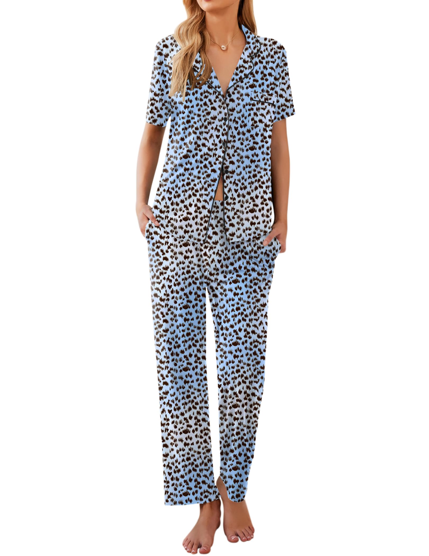 Ekouaer Women Pajamas Set Button Down Sleepwear Short Sleeve Nightwear with Long Pants Soft Pjs Set Blue Leopard XXL Image