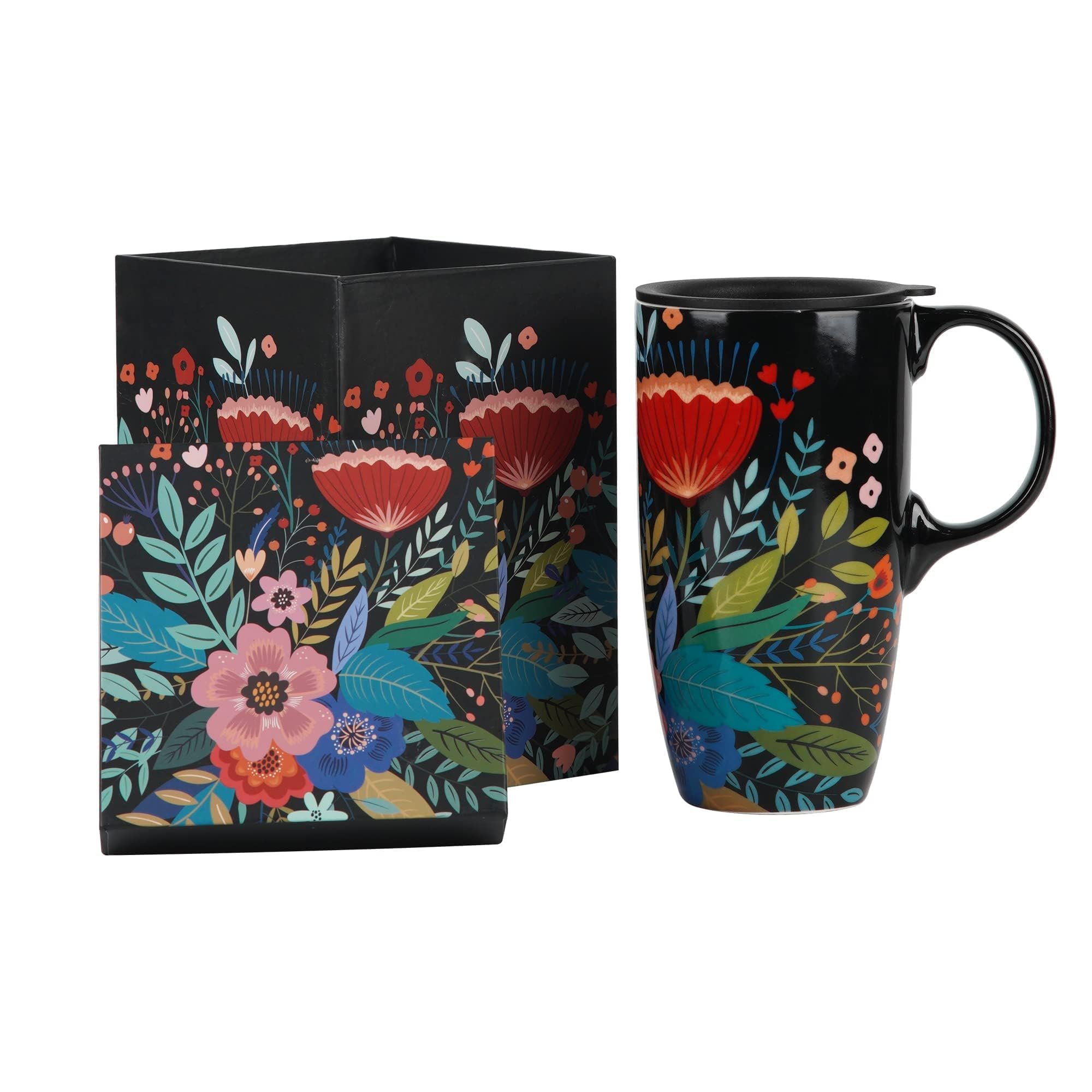 Topadorn Ceramic Travel Mug Porcelain Pottery Mugs Ceramic Cup Travel Coffee Mug with Gift Box, 17oz Large Capacity Mug Home Office Gift, Microwave & Dishwasher Safe, Flowers