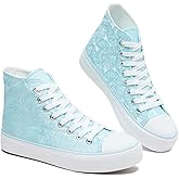 BENPAO Women's High Top Canvas Sneakers, Floral Embroidered Fashion Tennis Shoes - White Breathable Casual Walking Shoes