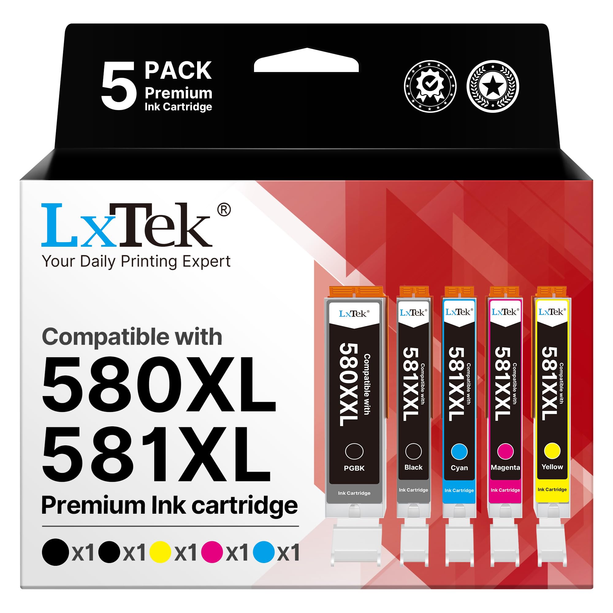 580XXL 581XXL Ink Cartridge Replacement for Canon PGI-580 CLI-581 Ink Compatible for Pixma TS6250 TS6350 TS8250 TS6351 TS6251 TS705 TS8550 TS5150 TS6250 TS8500 TS8252 TS9150 TS9155, 5-Pack