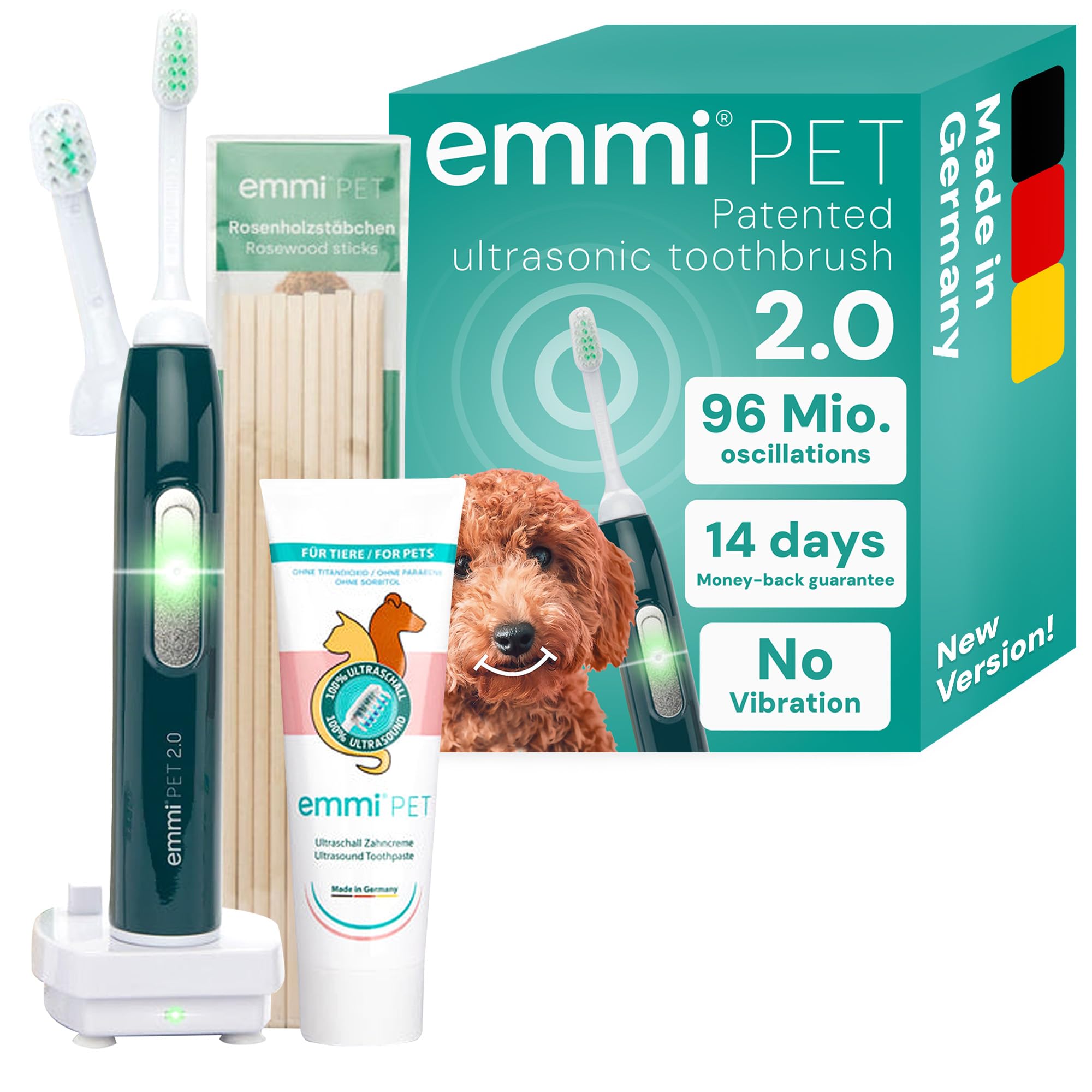 emmi-pet 2.0 Ultrasonic Dog Toothbrush & Toothpaste Set | Plaque Remover for Teeth Dogs & Cats | Silent & No Scrubbing | Small & Large Dog Toothbrush | 75ml