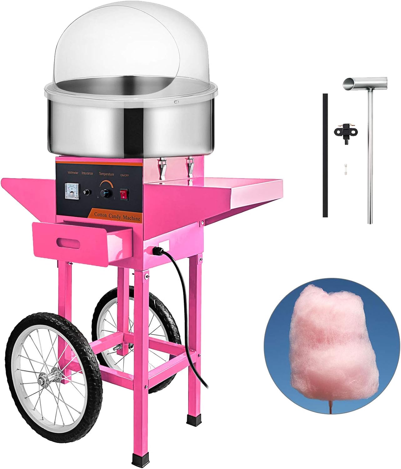 VBENLEM Cotton Candy Machine Commercial with Bubble Cover Shield and Cart Cotton Candy Machine Candy Floss Maker Pink 1030W Electric Cotton Candy Maker Stainless Steel for Various Parties