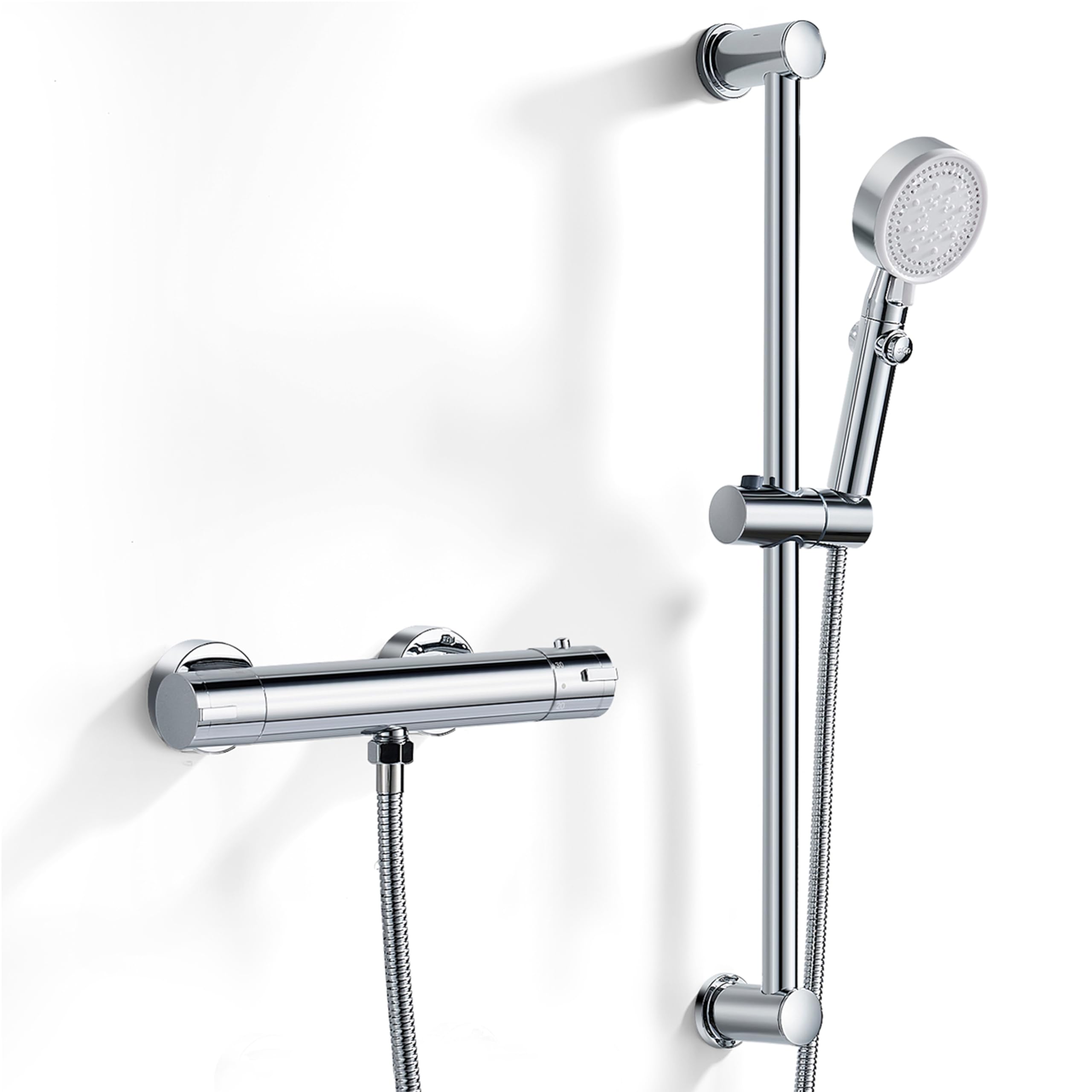 kisimixer Thermostatic Shower Mixer with Adjustable Riser Kit, Wall Mounted Exposed Thermostatic Shower Set Include 5 Modes Shower Head, Shower Rail 60cm, Shower Hose 1.5m, Chrome