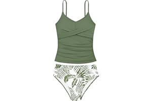 Aulyffo Girls Swimsuit 2 Piece Bathing Suit Criss Cross Ruched Girl Tankini Sets Printed Girls' Swimwear for 9-18 Years