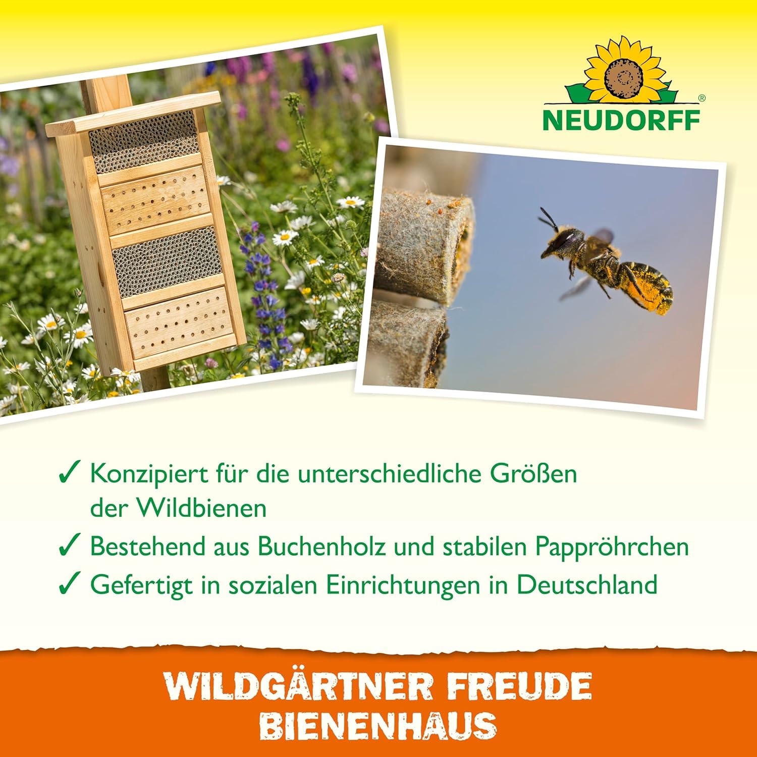 Neudorff Wildgärtner Freude Bienenhaus – Handgefertigtes Bienenhotel. Nisthilfe für Wildbienen zum Aufhängen und Aufstellen. Wetterfest und unbehandelt, 1 Stück 4