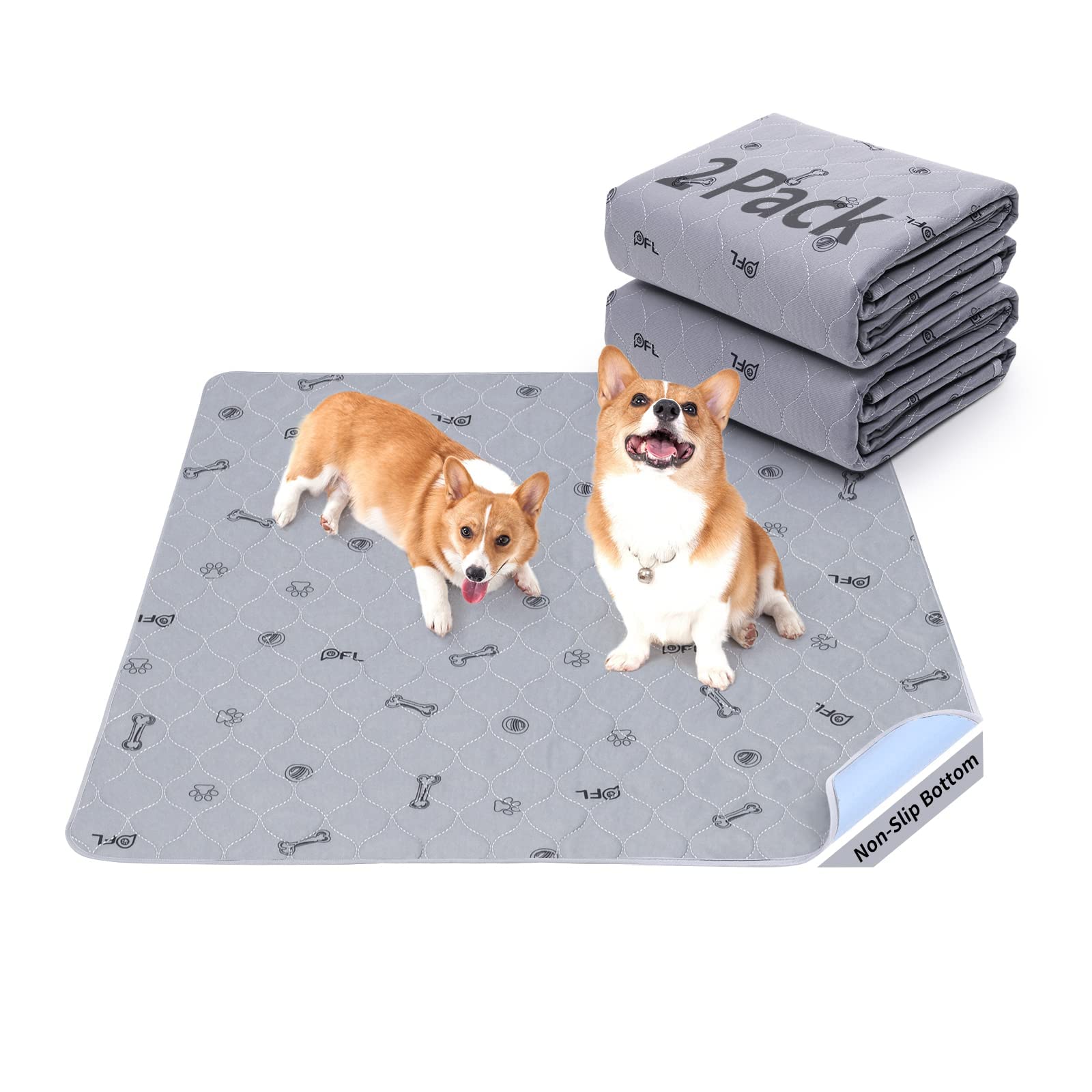 Washable Pee Pads for Dogs, 2Pack Puppy Pads Washable,Absorbent Reusable Whelping Pads Non-Slip Dog Mats with Bone Print for Floor Protector, Couch Cover, Crate, Potty Training -92x104CM