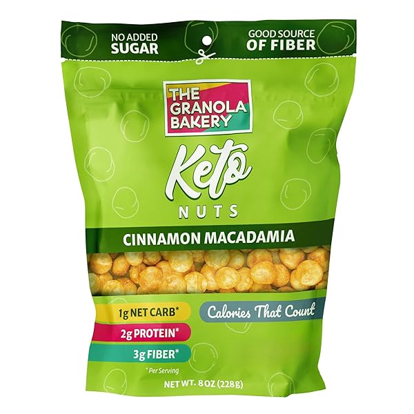 THE GRANOLA BAKERY TGB CINNAMON MACADAMIA KETO NUTS, 1G NET CARB, NO ADDED SUGAR, HIGH FIBER, GLUTEN FREE, GRAIN FREE, HEALTHY LOW CARB SNACK, 8OZ RESEALABLE CEREAL BAG