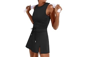 Caracilia Women Athletic Dress Tennis Active Workout Sleeveless Fitted Slit Summer Mini Golf Romper Dresses Built in Shorts