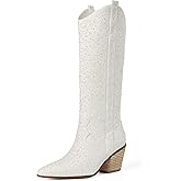 MUCCCUTE Women's Rhinestone Mid Calf Boots Sparkly Block Heel Cowboy Boots Glitter Boots