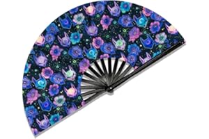 Ravevibes 13" Large Rave Fan Folding Hand Fan, Bamboo Festival Clack Fan Foldable UV Glow Edm Fans For Rave Outfits Accessories Performance Dance Party For Men Women, Fox