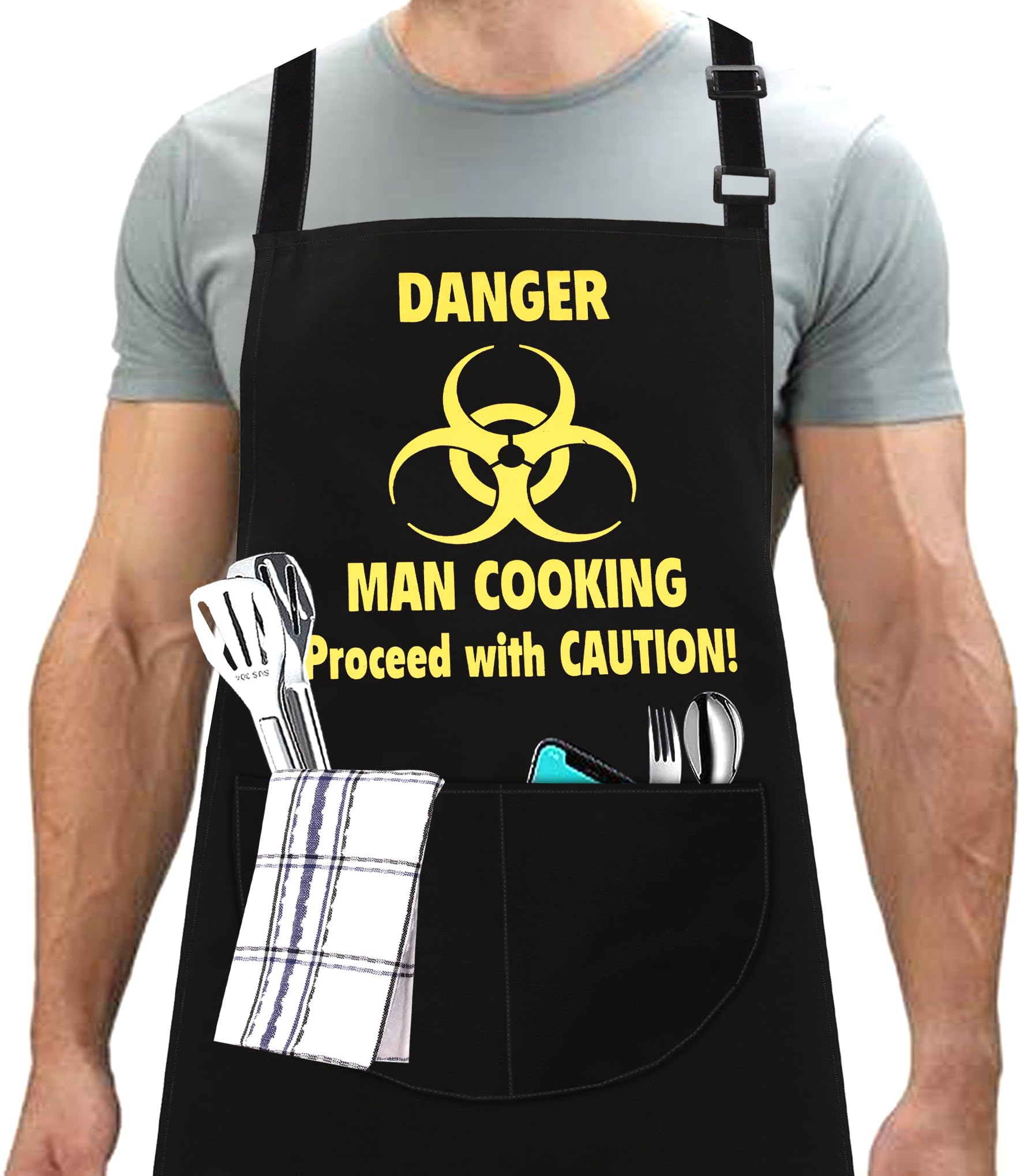 LINEN CLOSET® Funny Cooking Apron for Men - Bbq Apron with 2 Front Pockets - Danger Man Cooking Gift