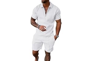 UOUA Men's 2 Piece Summer Polo & Shorts Set Quarter Zip Track Suit for Golf Lounging Casual Outfits