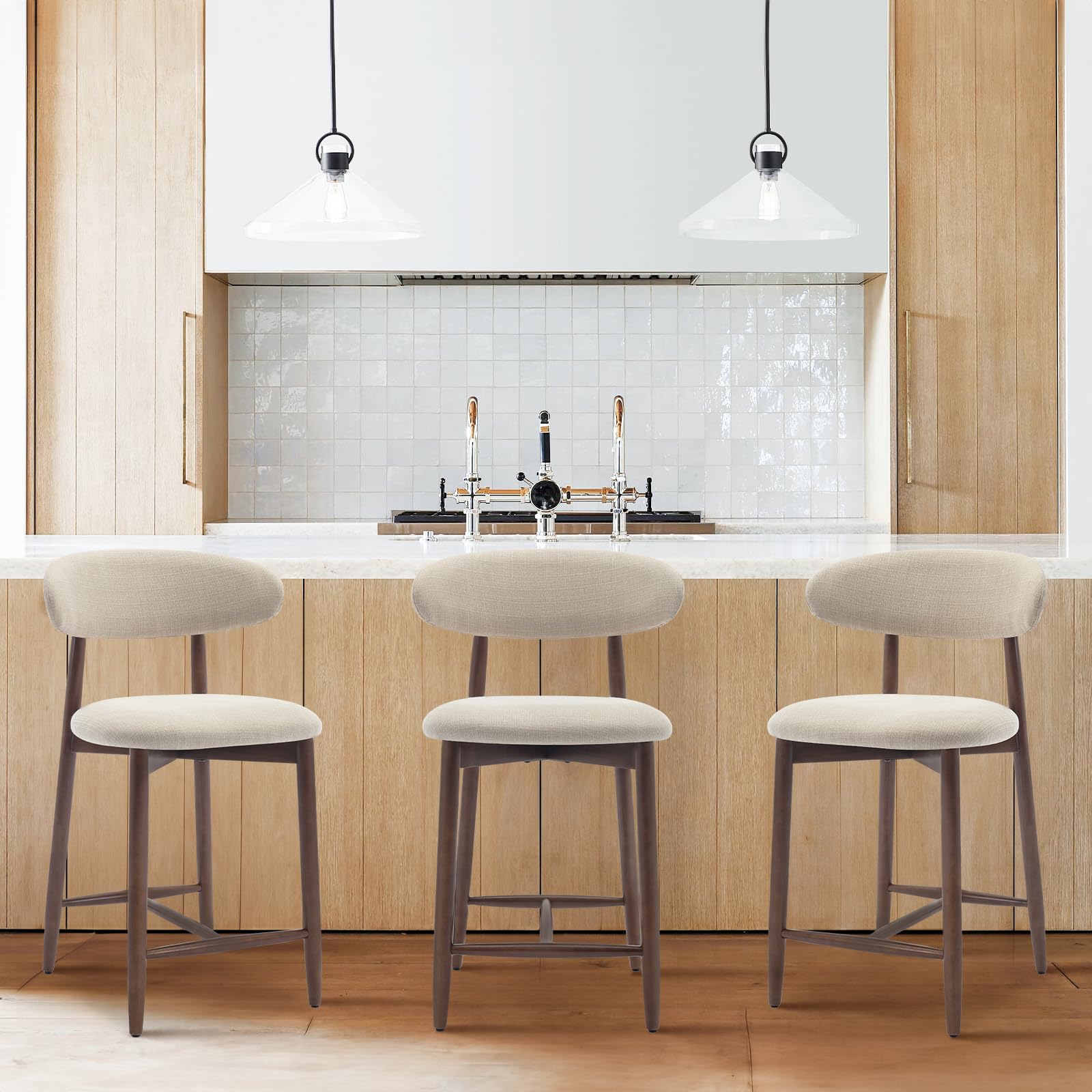 Photo 1 of *** JUST ONE*****COLAMY Counter Height Bar Stools , Upholstered Barstools with Back, Mid Century Modern Stools with Wood Legs for Kitchen Island Dining Room, Beige