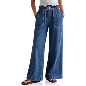 Flowyair Womens Ruffle Wide Leg Jean High Waisted Baggy Pleated Denim Pants | Elastic Waisted Jeans, Straight Leg, Trendy Cas