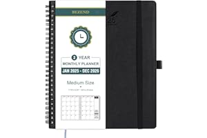 BEZEND 2 Year Monthly Planner 2025-2026 Medium Size 7" x 9" (Jan 2025 - Dec 2026) Spiral Calendar Book with Tabs, 120 GSM Thick Paper, Storage Pockets & Notes, PU Leather Softcover in Black