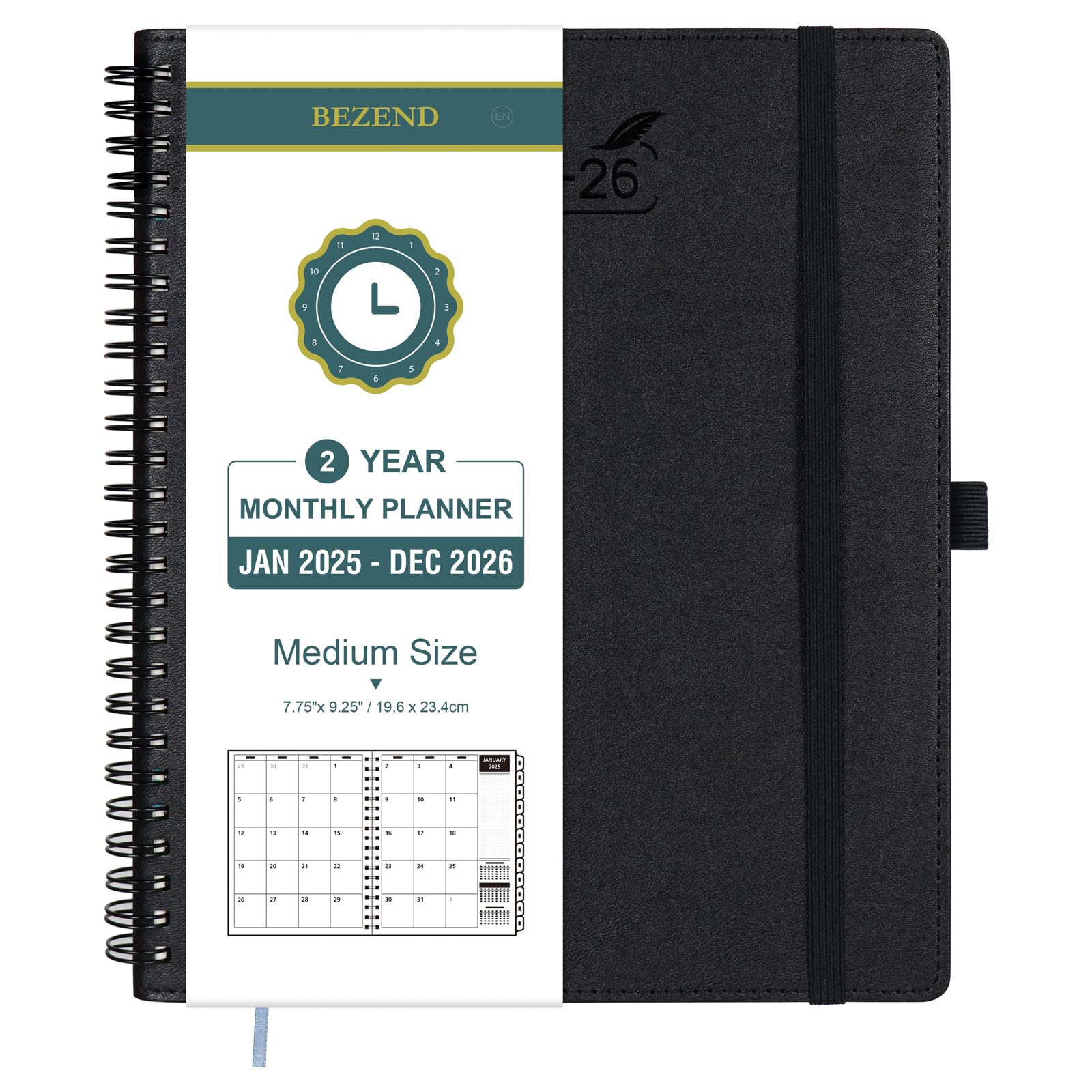BEZEND Month to View Diary 2025-2026, Monthly Planner 2025-2026 (24 months) 22.9 x 20.3 cm - 120 GSM Thick Paper - Planner with Spiral Bound, Calendar with Tabs, Soft Cover - Black — image 1
