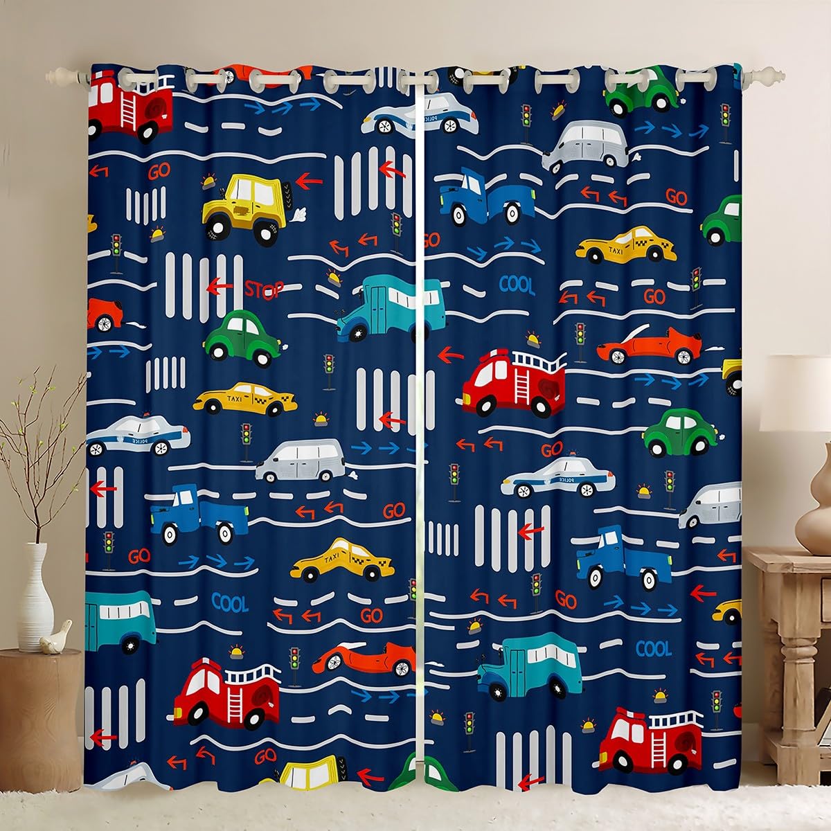 Homemissing Cartoon Car Blackout Curtains(30%-50%) Transport Vehicles Cars Window Curtains Cartoon Fire Truck Window Dreapes for Kids Boys Girls Traffic Light Window Treatments W66*L72