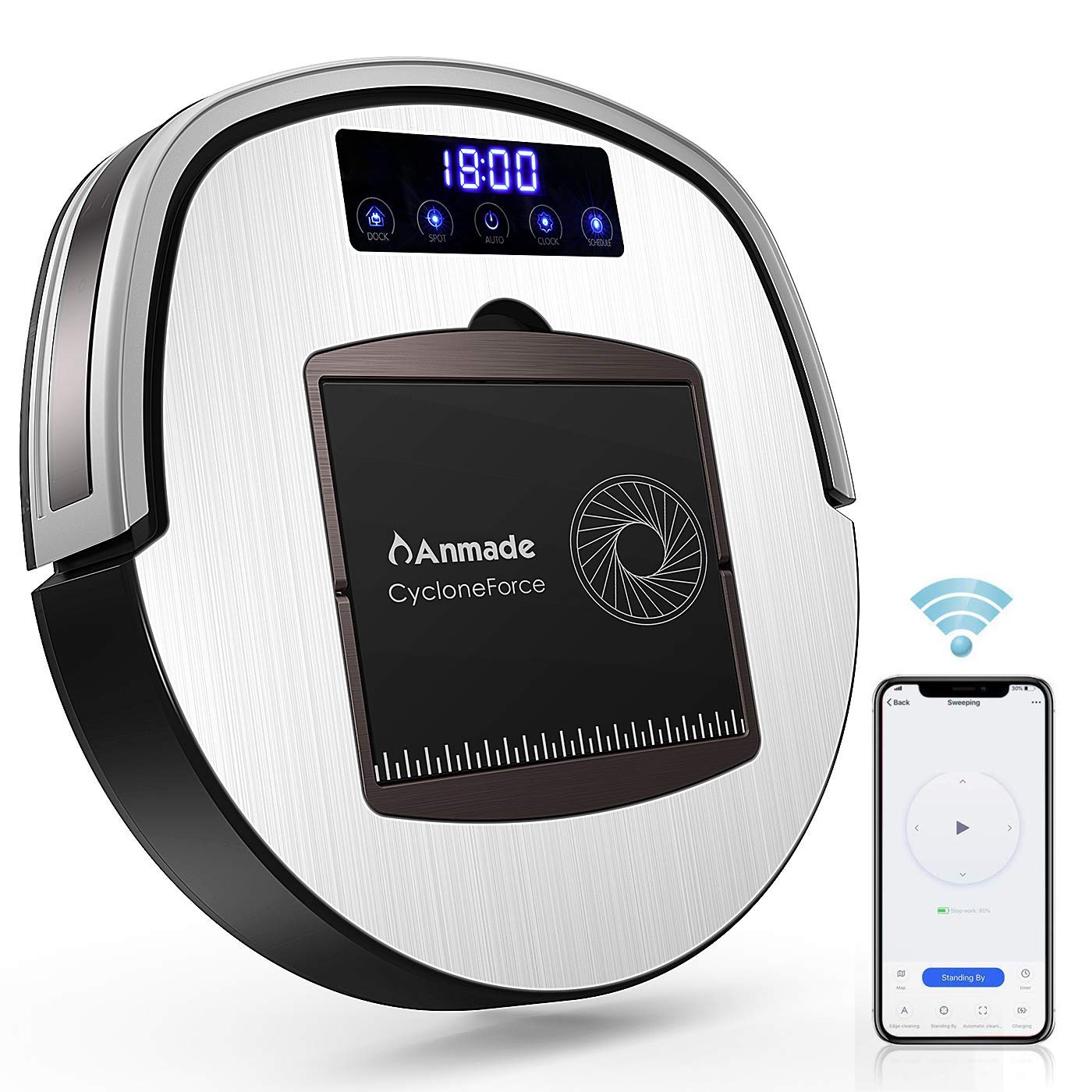 Anmade Robot Vacuum Cleaner, Robotic Vacuum CycloneForce 4000Pa More Powerful Suction, Works with Alexa, 120 Mins Runtime, Self-Charging, WiFi Connectivity, App Controls, for Pet Hair, Hard Floors