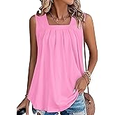 JOLIGAL Womens Tank Tops Summer Square Neck Pleated Sleeveless Top Casual Loose Fit Basic Shirts