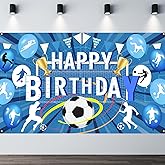 Soccer Birthday Banner, Happy Birthday Soccer Banner Backdrop, with Trophy Goal Designs, Blue White Football Theme Backdrop, for Boys, Girls, Adults, Photography Background, Birthday Celebrations