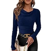 PRETTYGARDEN Women's Long Sleeve Cowl Neck Ribbed Knit Spring Shirts Slim Fit Ruched Going Out Crop Tops Basic T-Shirts