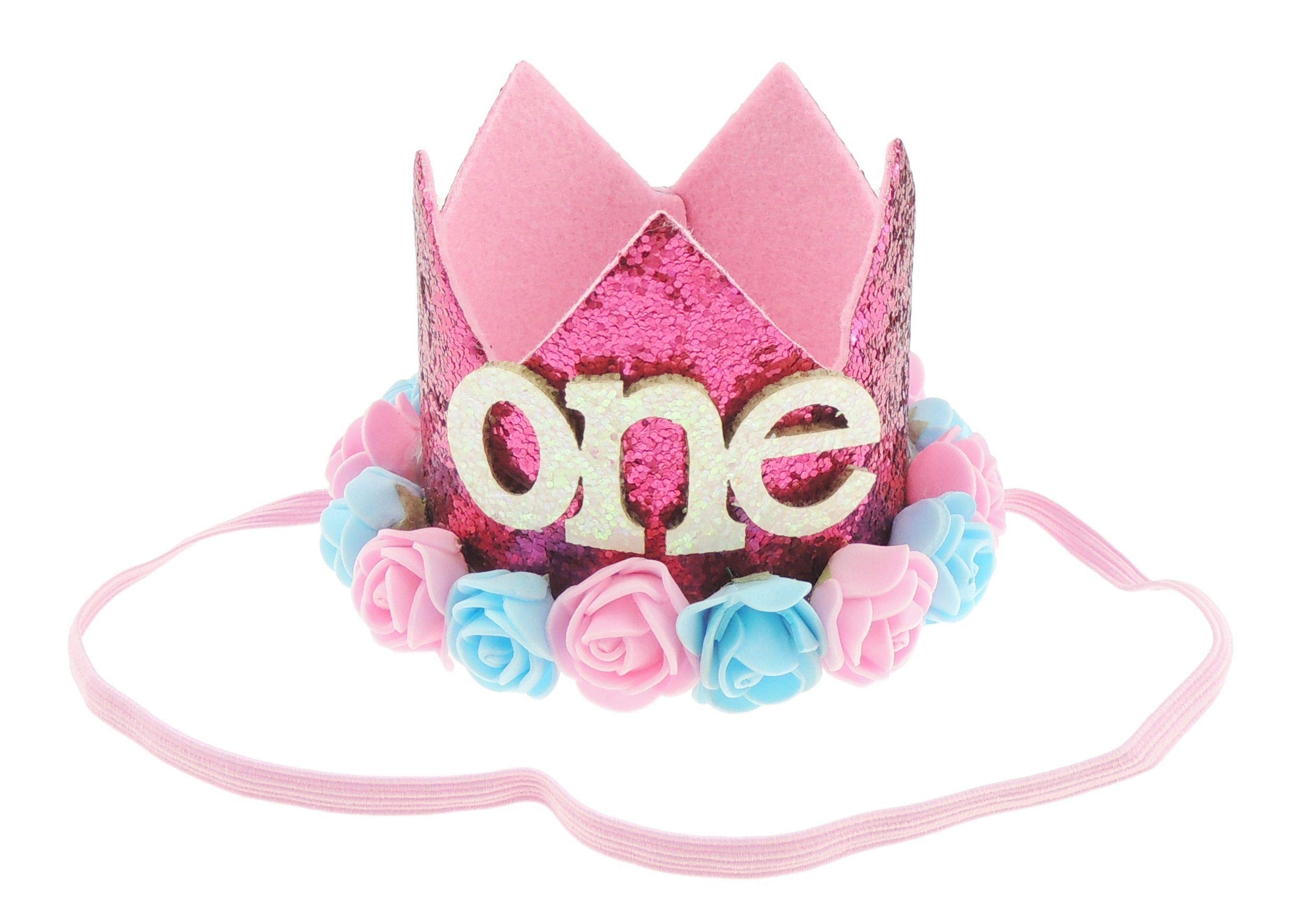 Adorable Baby Boys Girls Cat Dog Glitter 1st One Birthday Silver Gold Elasticated Crown With Roses (Magenta Pink Blue Roses One)
