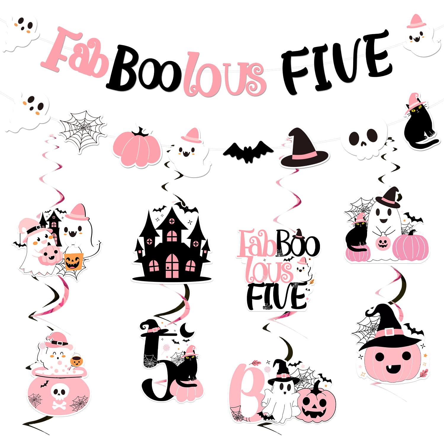 Photo 1 of Fabulous Five Party Decoration Halloween Fabboolous Five Banner Ghost Pumpkin Bats Theme Garland Pink and Black Hanging Swirl Streamer for Halloween Theme 5th Birthday Party Supplies