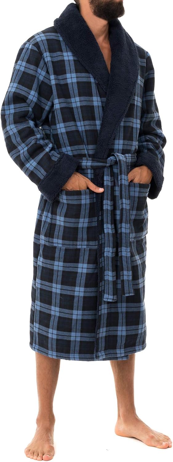 John Christian Men's Warm Bonded Fleece Dressing Gown, Blue / Navy, L