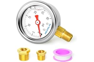 MEANLIN MEASURE 0~30Psi Stainless Steel 1/8" NPT 1.5" FACE DIAL, Glycerin Filled Pressure Gauge, Liquid Filled, Water Oil Air, Lower Mount, with 1/4" NPT and 3/8" NPT Hex Bushing