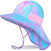 Girls Sun Hat for Kids UV Protection Unicorn Summer Hat Beach Play Hats Wide Brim Neck Flap for Girls Ponytail Hat 2-9 Years