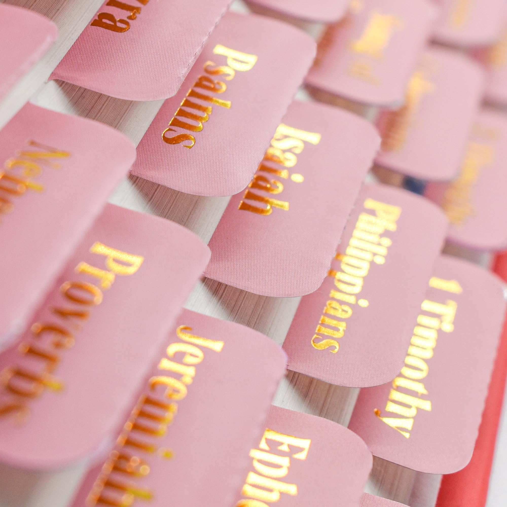 VANRA Bible Tabs for Women Study Bible Journaling Supplies Large Print, 96 Tabs Old and New Testament Studying with Blank Laminated Bible Tabs Pink(Gold Foil Letters, 1.53x1.26 in)