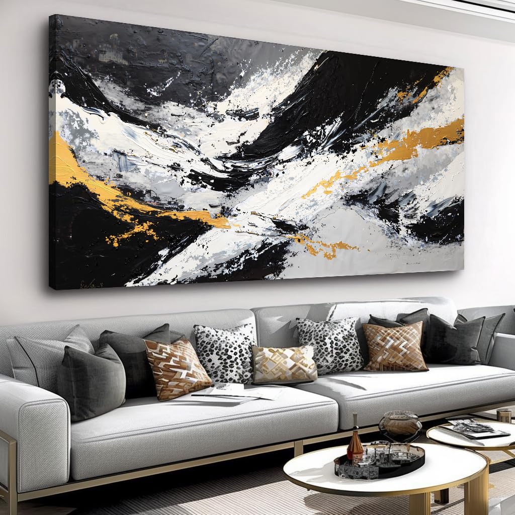 Photo 1 of ** USED/ DAMAGE MINOR/ NO PACKAKING** Large Abstract Black and Gold Ink Splatter Wall Art Stylish Framed Canvas Print for Living Room, Bedroom, Dining Room, and Home Office Modern Ready to Hang Home Decor - 24"x48"