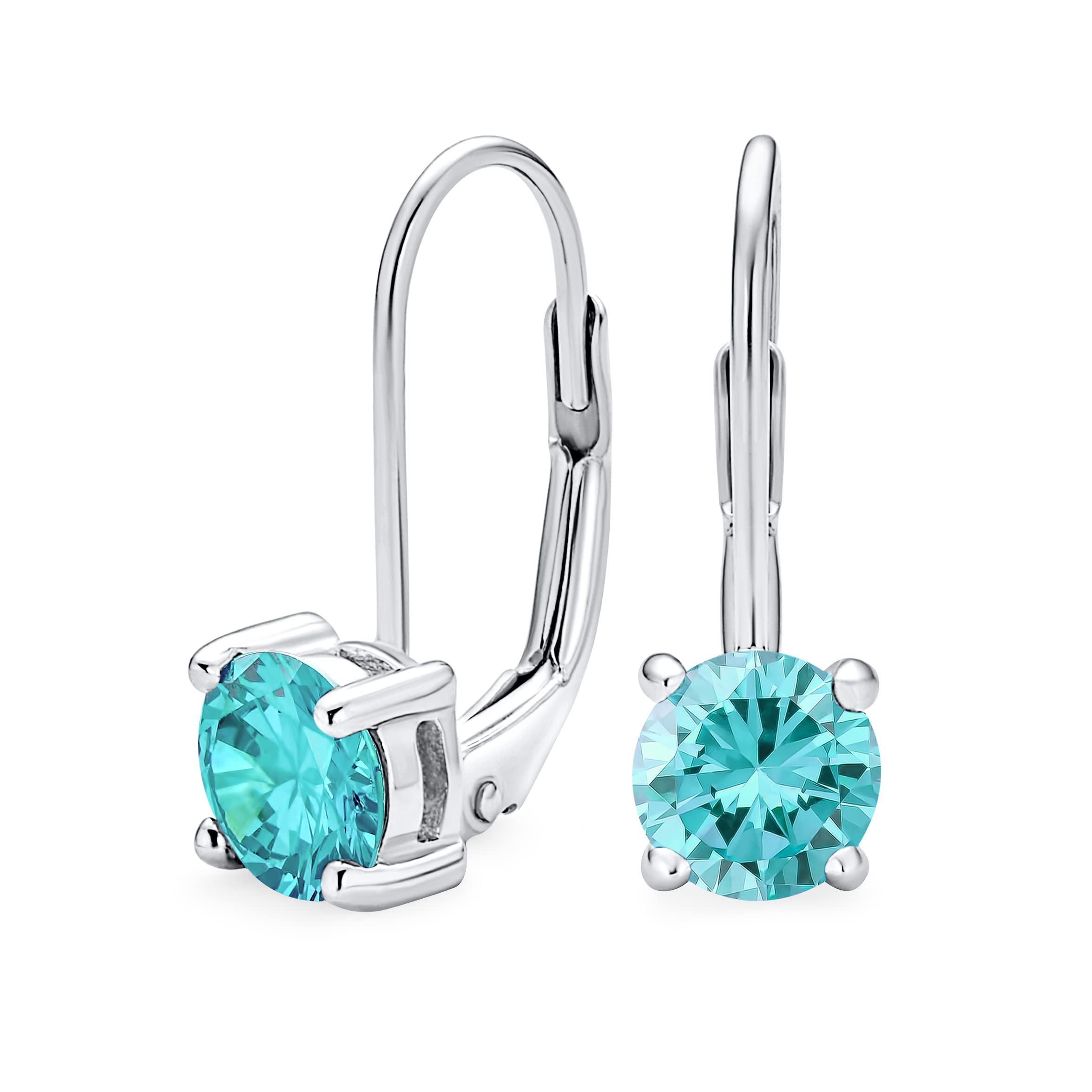 Blue Solitaire Round Brilliant Cut Cubic Zirconia CZ Lever back Drop Earrings Simulated Aquamarine Sterling Silver — image 1