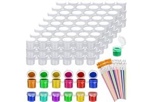 YGAOHF 150 Pots Empty Paint Pots with Lid, 25 Strips 5 ml / 0.17 OZ Clear Storage Containers and 50 Pieces Paint Brushes Sets, Painting Arts Crafts Supplies for Classrooms Schools Paintings Art Festivals