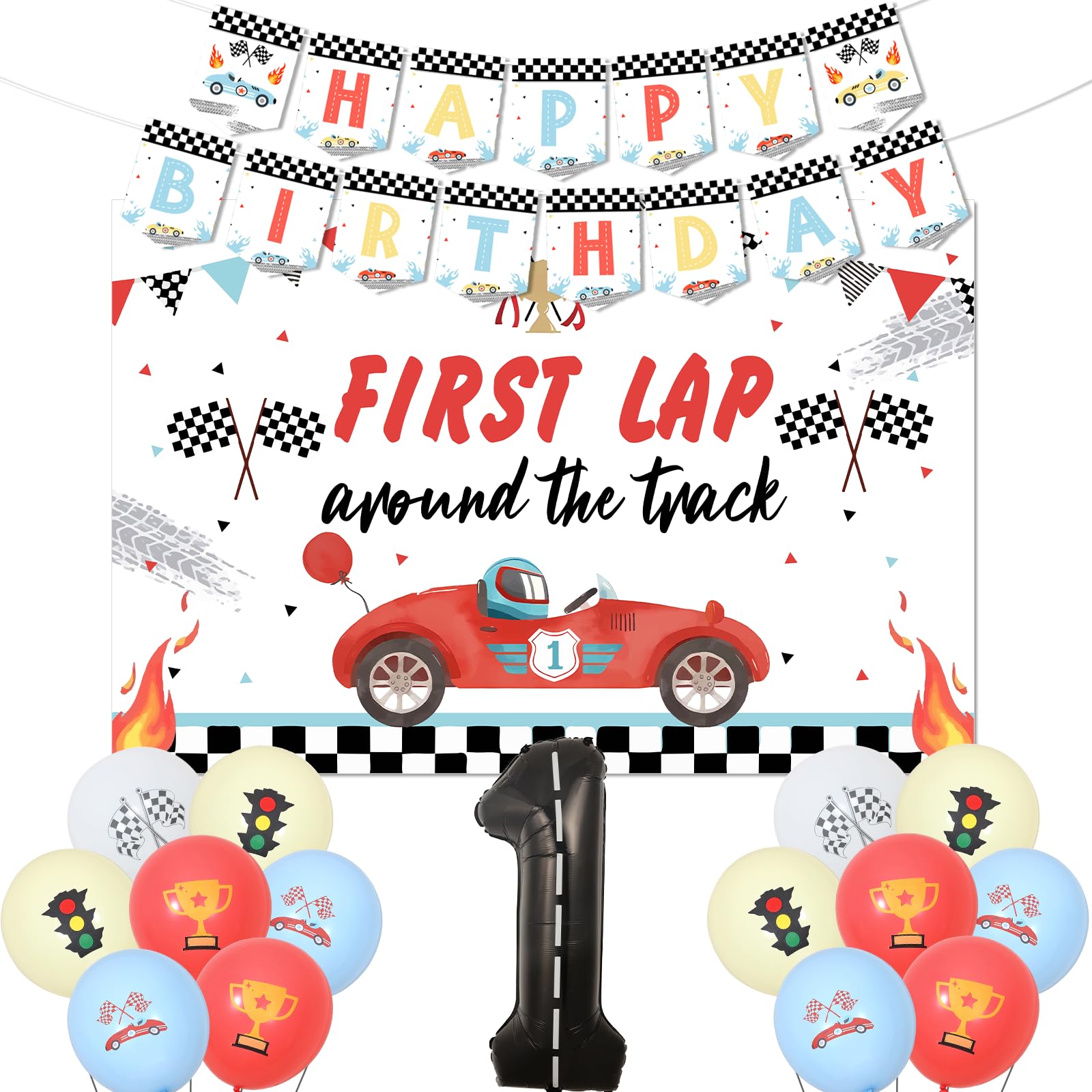 Jollyboom First Lap Around The Track Birthday Decorations, Racing Car 1st Birthday Decoration Backdrop Banner 1 Foil Balloon Retro Pastel Car Balloons 1 Foil Balloon for Fast One Birthday Party
