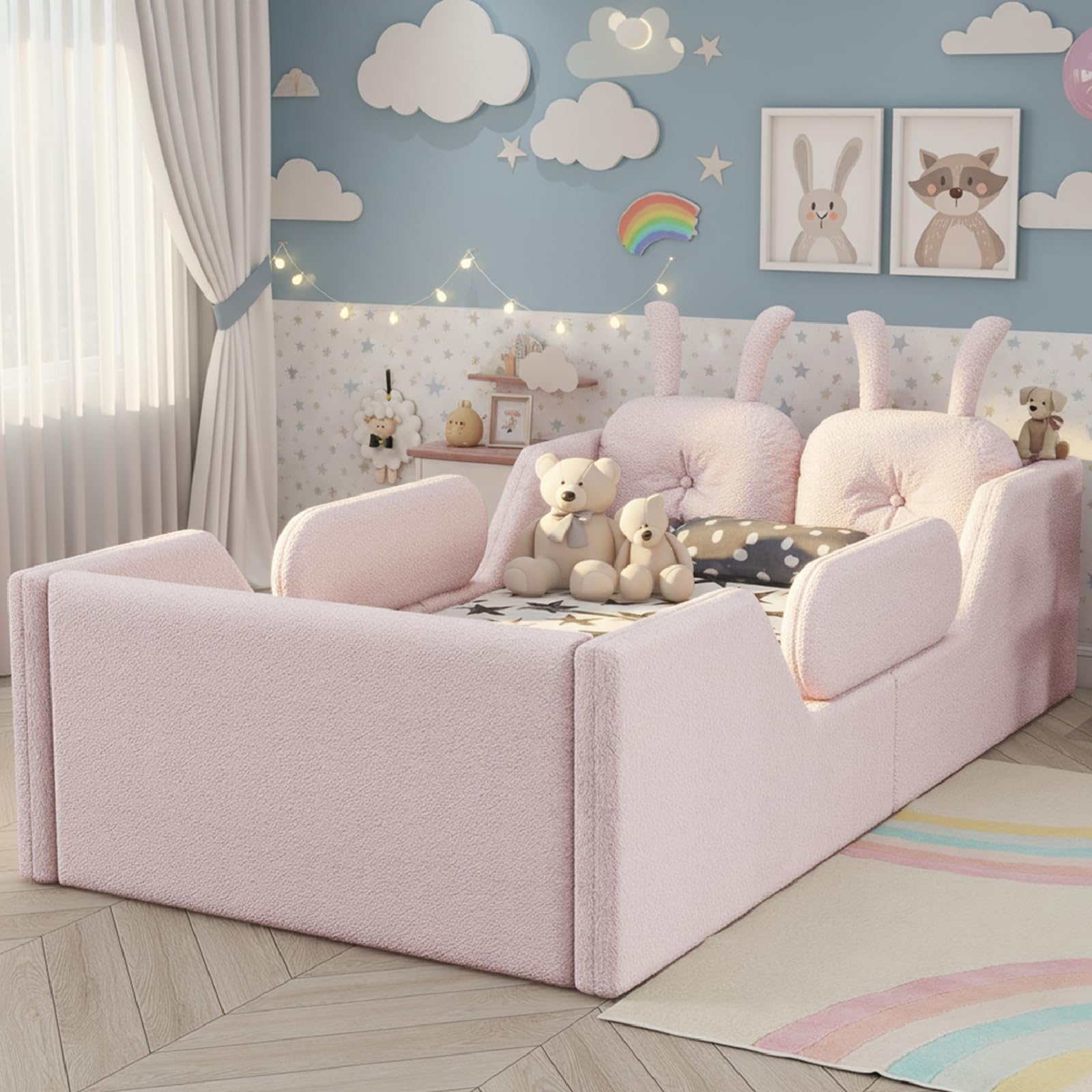 Photo 1 of KEIKI Twin Size Upholstered Platform Bed, Kids Floor Bed Frame with Rabbit Shaped Cushion, Cute Bed Frames Twin for Boys Girls, Safety Rails & Wooden Slat, No Box Spring Required, Easy Assembly, Pink