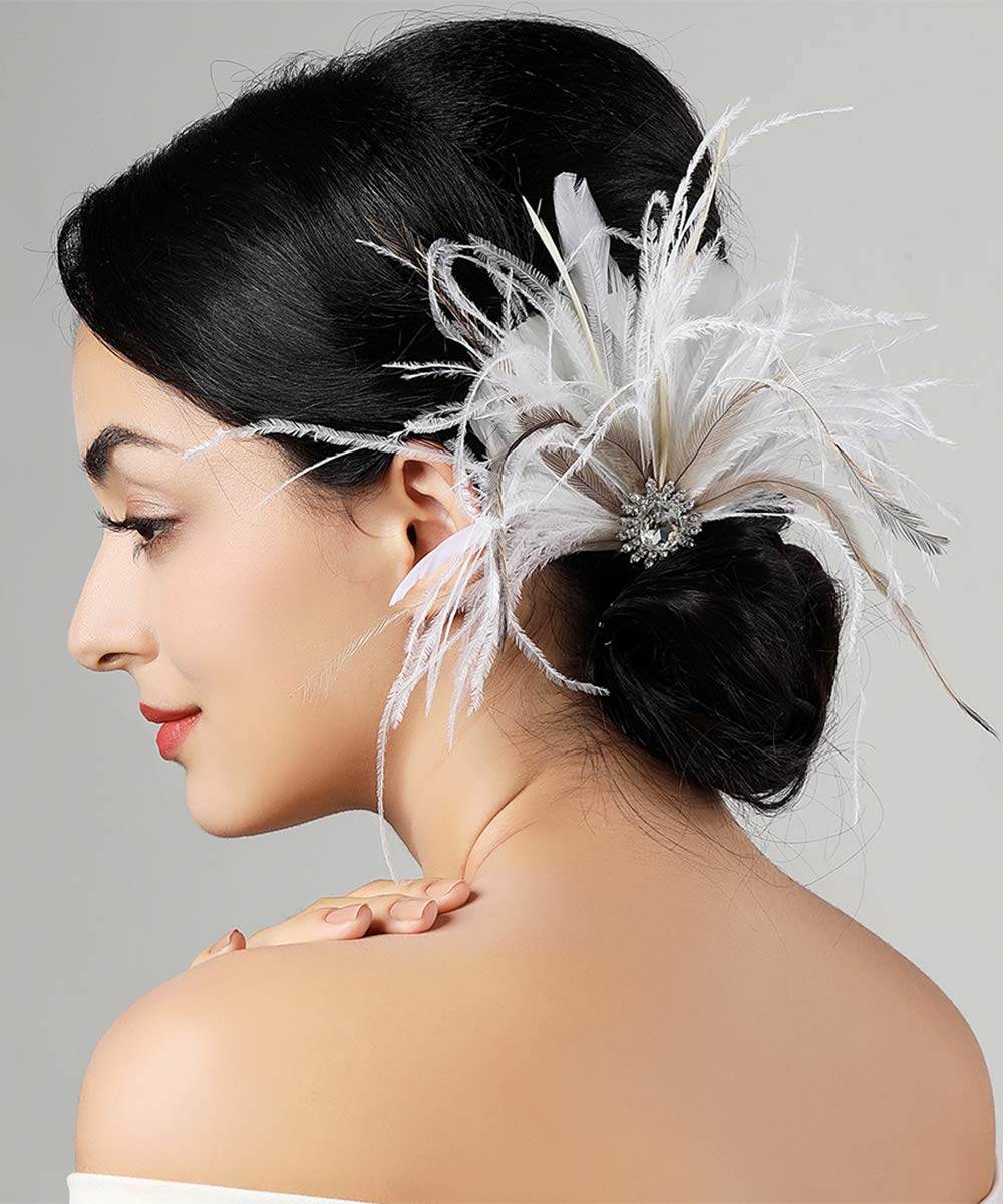 Anglacesmade Bridal 1920s Flapper Feather Hair Clip Pin Crystal White Feather Roaring 20s Headpiece Prom Party Festival Gatsby Hair Jewelry for Women and Girls
