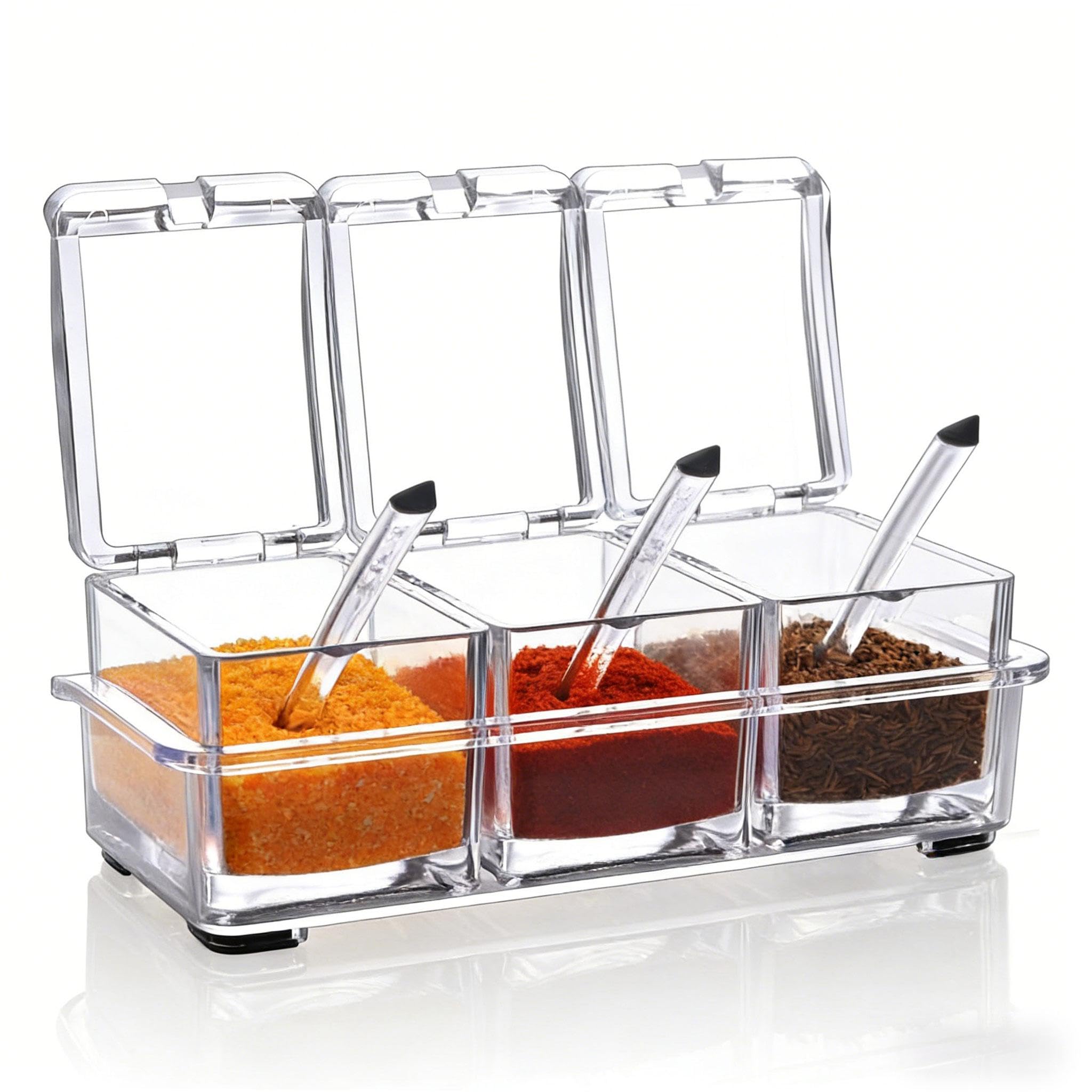 V·RESOURCING Transparent Seasoning Box, Seasoning Rack Spice Pots,Storage Container Condiment Jars for Spice Salt Sugar Cruet Liquid,3 Piece with Cover and Spoons
