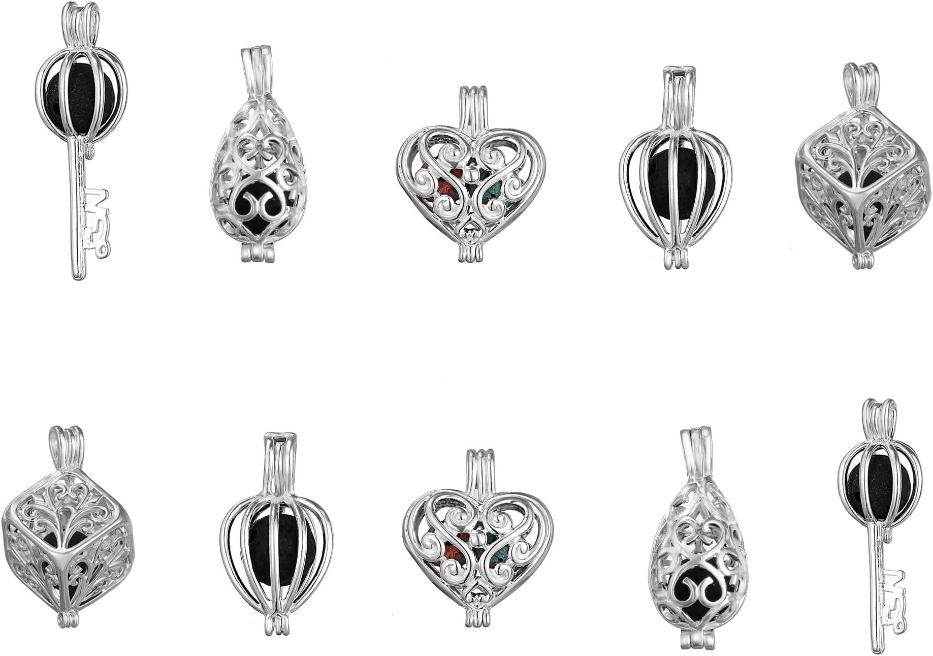 lisafinding 10pcs Mixed Style Silver Plated Bead Cage Locket Pendant - Add Your Own Stones, Rock to Cage,Add Perfume and Essential Oils to Create a Scent Diffusing Pendant Charms Fit Necklace
