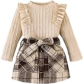 DOMOABEI Toddler Girl Fall Winter Clothes Cute Ruffled knitted Shirt Tops Plaid Pleated Mini Skirt Belt 3 Piece Outfit 2-6T