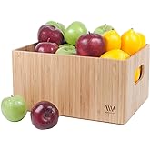 MobileVision Bamboo Storage Box Multi-Purpose Organizer for Kitchen Supplies Holder, Fruit Bin, Cabinets, Pantry with built in handles, stackable, 12” x 9” x 6” With White Clip Included