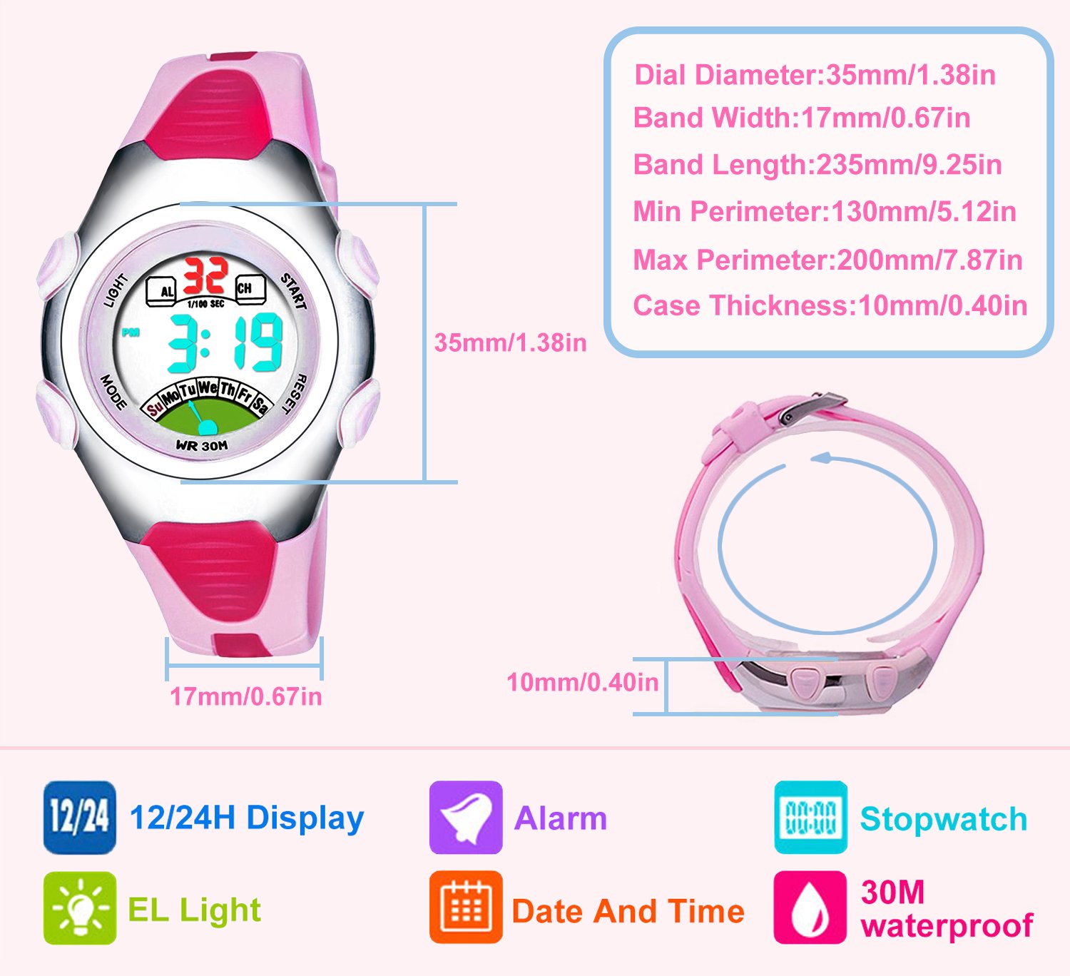 Montres de Digital de filles, montre imperméable de sports d\'enfants de 3 ATM avec l\'alarme, Montres bracelet électroniques de poignet de sport d\'enfants pour les petites filles enfants RSVOM