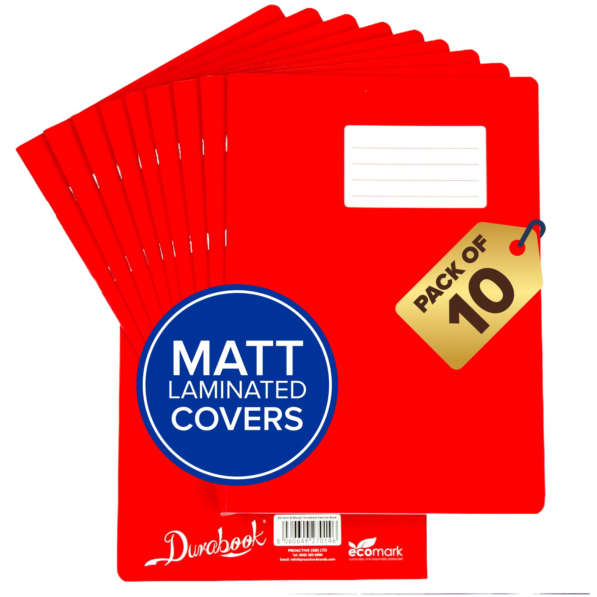 Durabook A4 8mm F&M Red Exercise Books Pack of 10, 80 Page School Exercise Book, Durable Matt Laminated Water-Resistant Cover, Ruled & Margin Notebook A4 Paper, Learning Resources, School Supplies