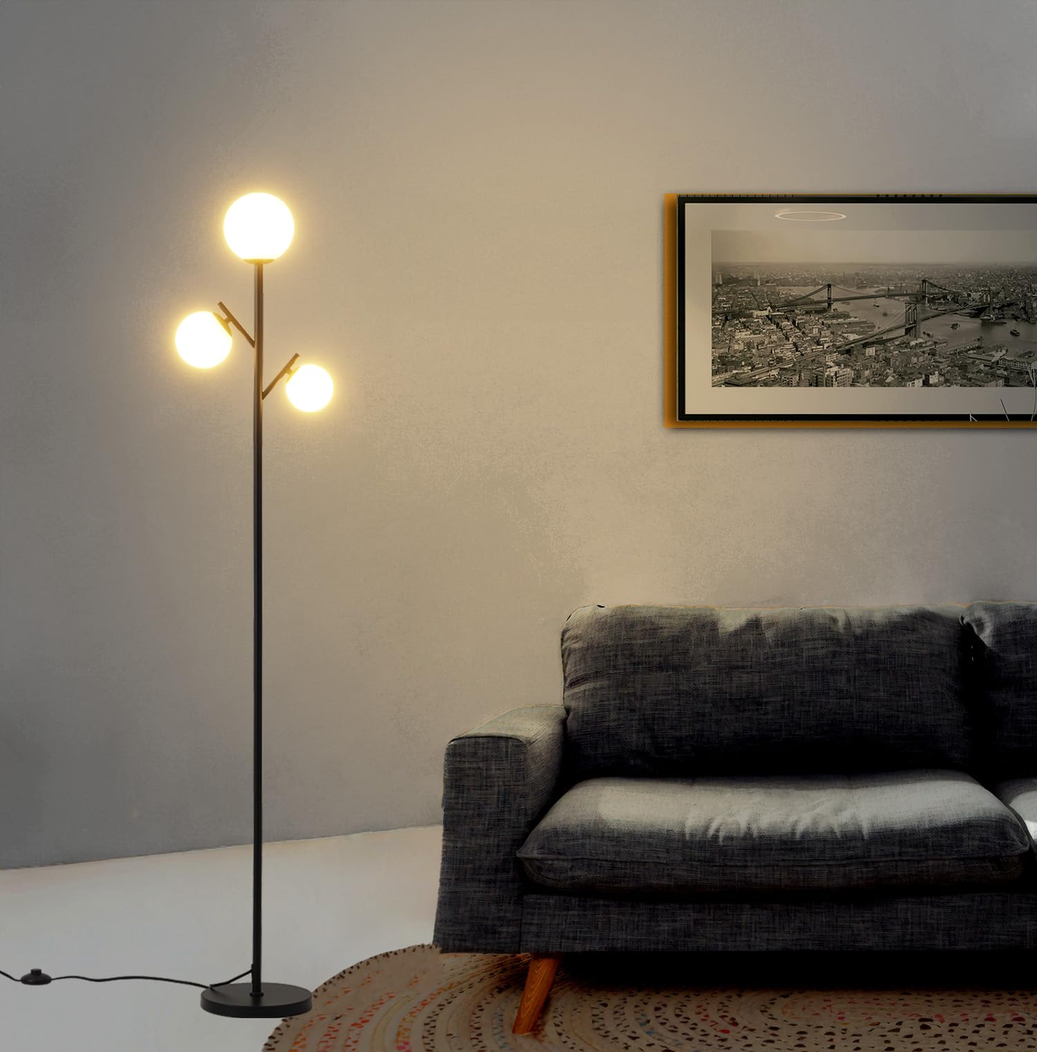 Fiqevs Black Mid Century Floor Lamp, Modern 3 Globe Standing Lamp with ...