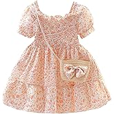Balatale Toddler Girls Floral Dress Square Neck Puff Sleeve A-Line Smocked Dress with Bag Toddler Girls Summer Outfits